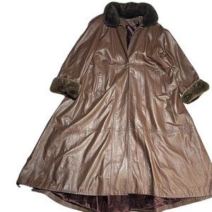 Vintage GAZEBO Foxy Faux Fur Full Length Long Leather Swing Coat Womens Size M